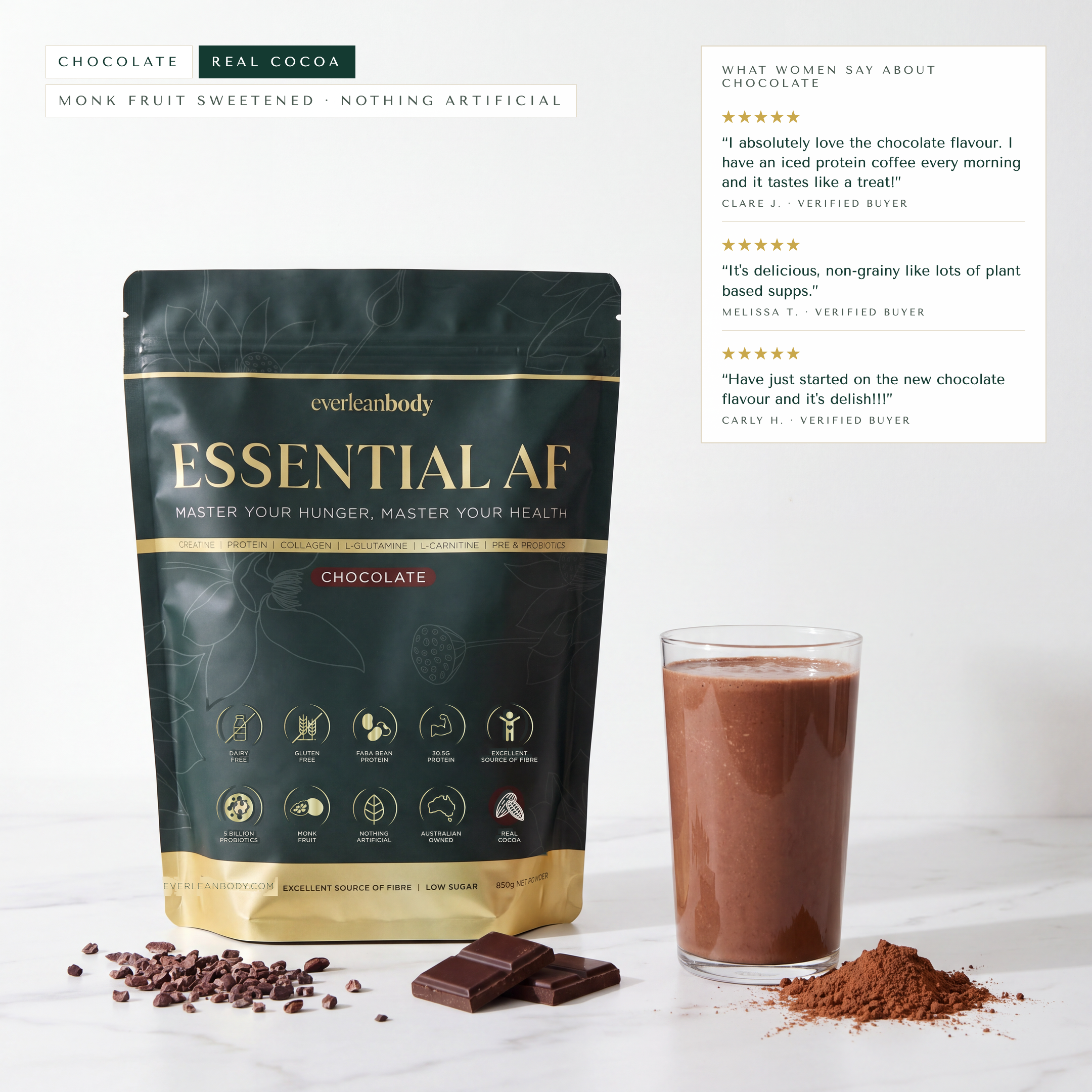 EssentialAF Chocolate pouch with a chocolate shake, cocoa nibs and dark chocolate, with customer reviews of the flavour