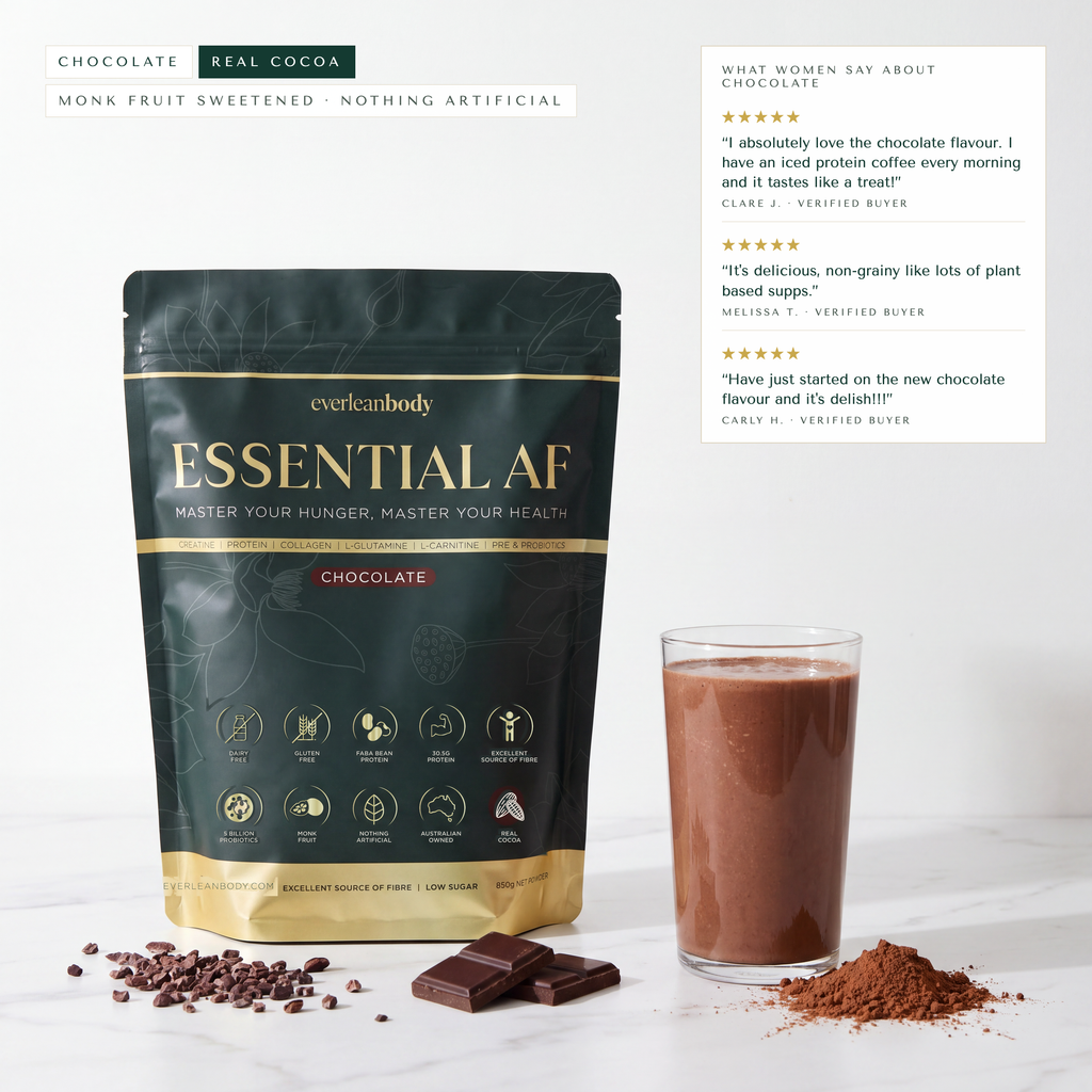 EssentialAF Chocolate pouch with a chocolate shake, cocoa nibs and dark chocolate, with customer reviews of the flavour