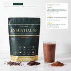 EssentialAF Chocolate pouch with a chocolate shake, cocoa nibs and dark chocolate, with customer reviews of the flavour
