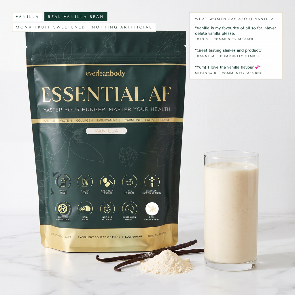 EssentialAF Vanilla pouch with a vanilla shake and vanilla bean pods, with community comments on the flavour