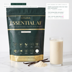 EssentialAF Vanilla pouch with a vanilla shake and vanilla bean pods, with community comments on the flavour