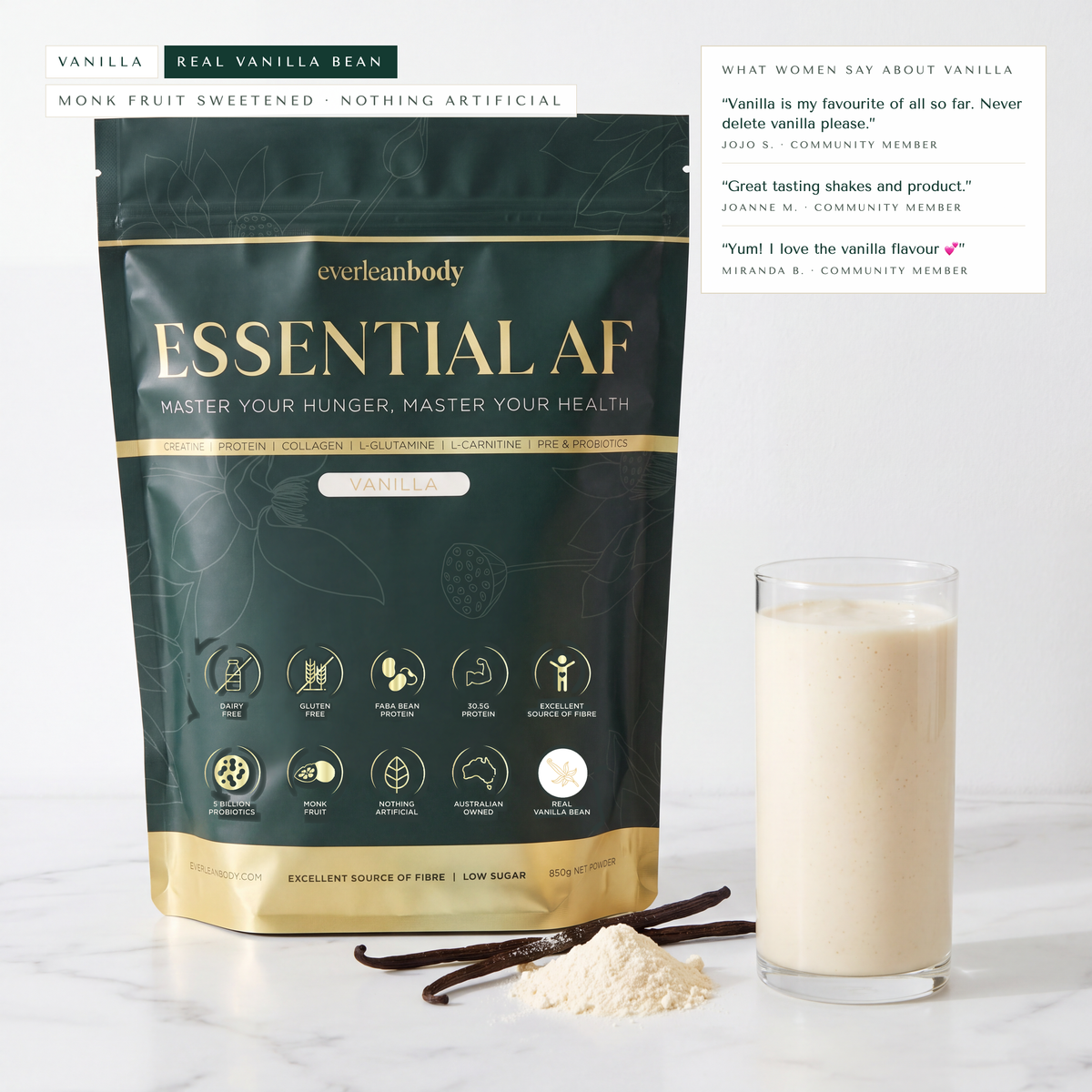 EssentialAF Vanilla pouch with a vanilla shake and vanilla bean pods, with community comments on the flavour
