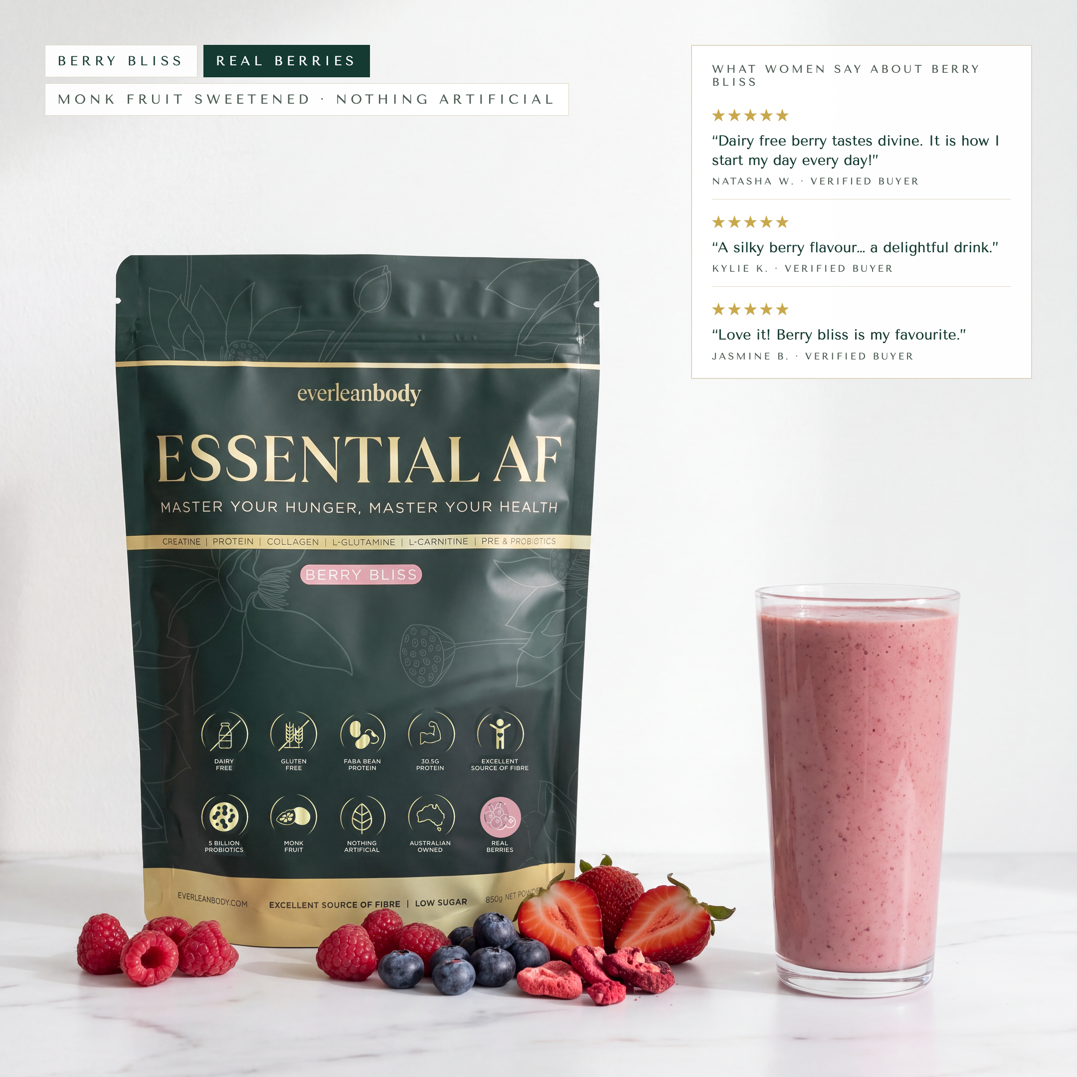 EssentialAF Berry Bliss pouch with a berry shake and fresh berries, with customer reviews of the flavour