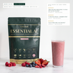 EssentialAF Berry Bliss pouch with a berry shake and fresh berries, with customer reviews of the flavour