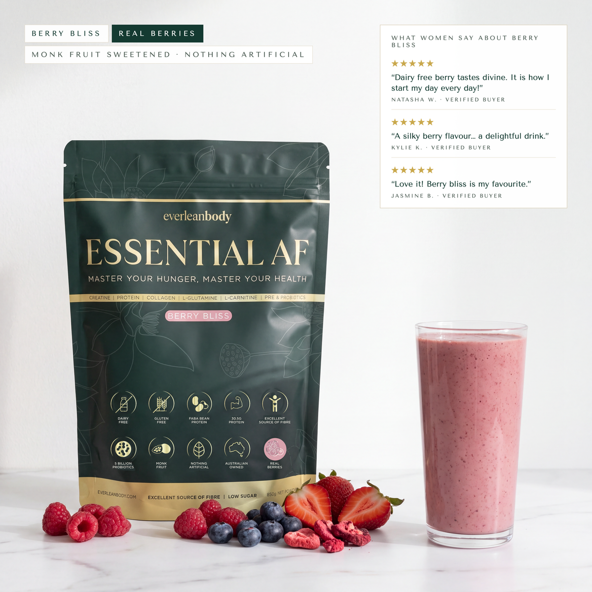 EssentialAF Berry Bliss pouch with a berry shake and fresh berries, with customer reviews of the flavour