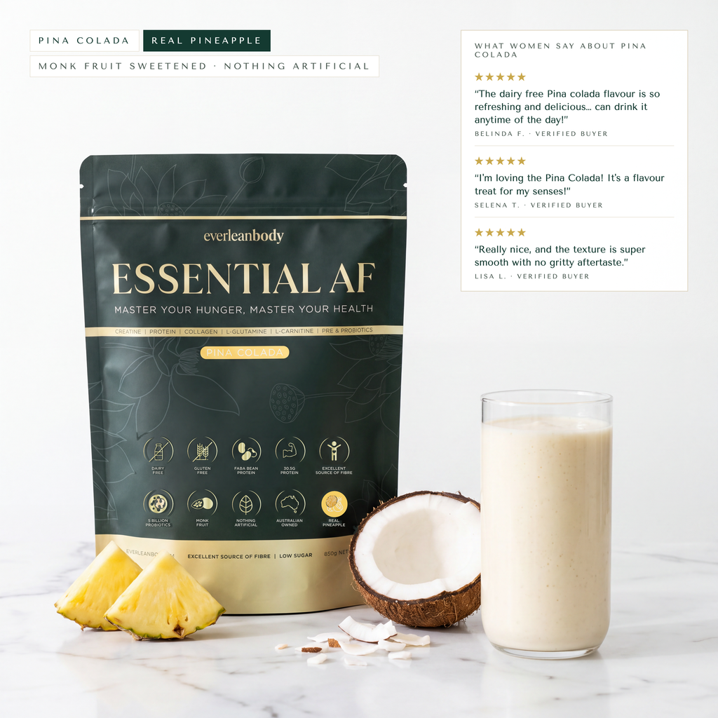 EssentialAF Pina Colada pouch with a pina colada shake, pineapple and coconut, with customer reviews of the flavour