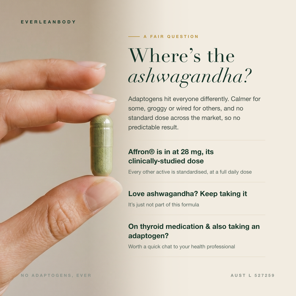 Where's the ashwagandha? Adaptogens hit everyone differently, so Don't Divorce 'Em Yet holds Affron saffron at its clinically-studied 28mg dose and every other active standardised at a full daily dose. No adaptogens, ever. AUST L 527259.