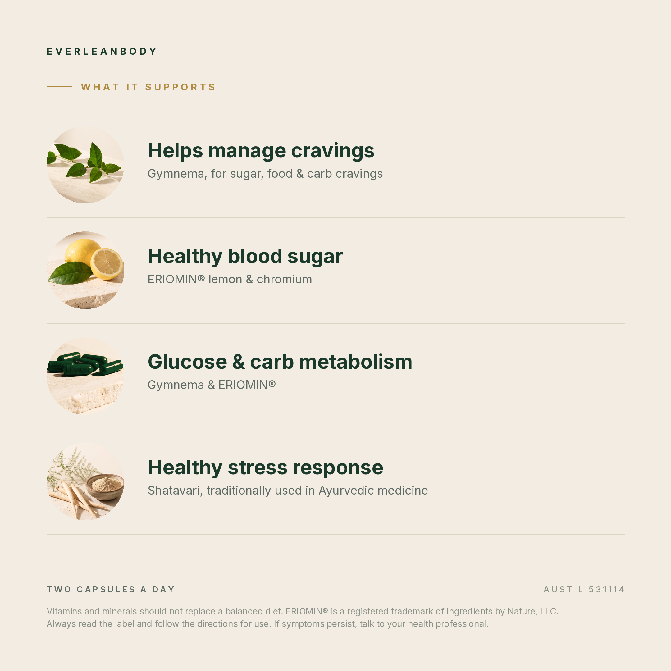What Not Tonight, Sugar supports: helps manage cravings, healthy blood sugar, glucose and carbohydrate metabolism, and a healthy stress response with Shatavari, traditionally used in Ayurvedic medicine. AUST L 531114.