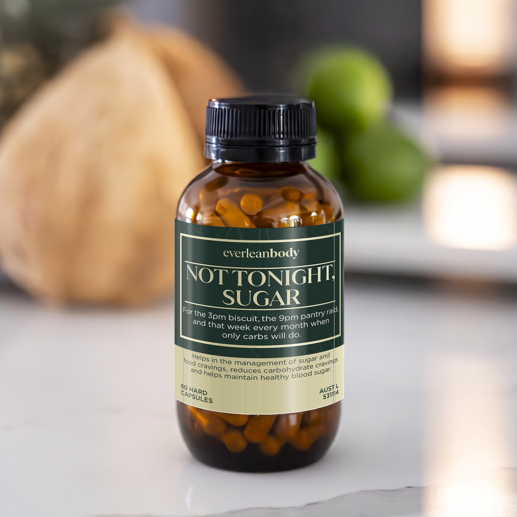 Not Tonight, Sugar by EverLeanBody, 60 hard capsules in an amber bottle on a marble bench. AUST L 531114.