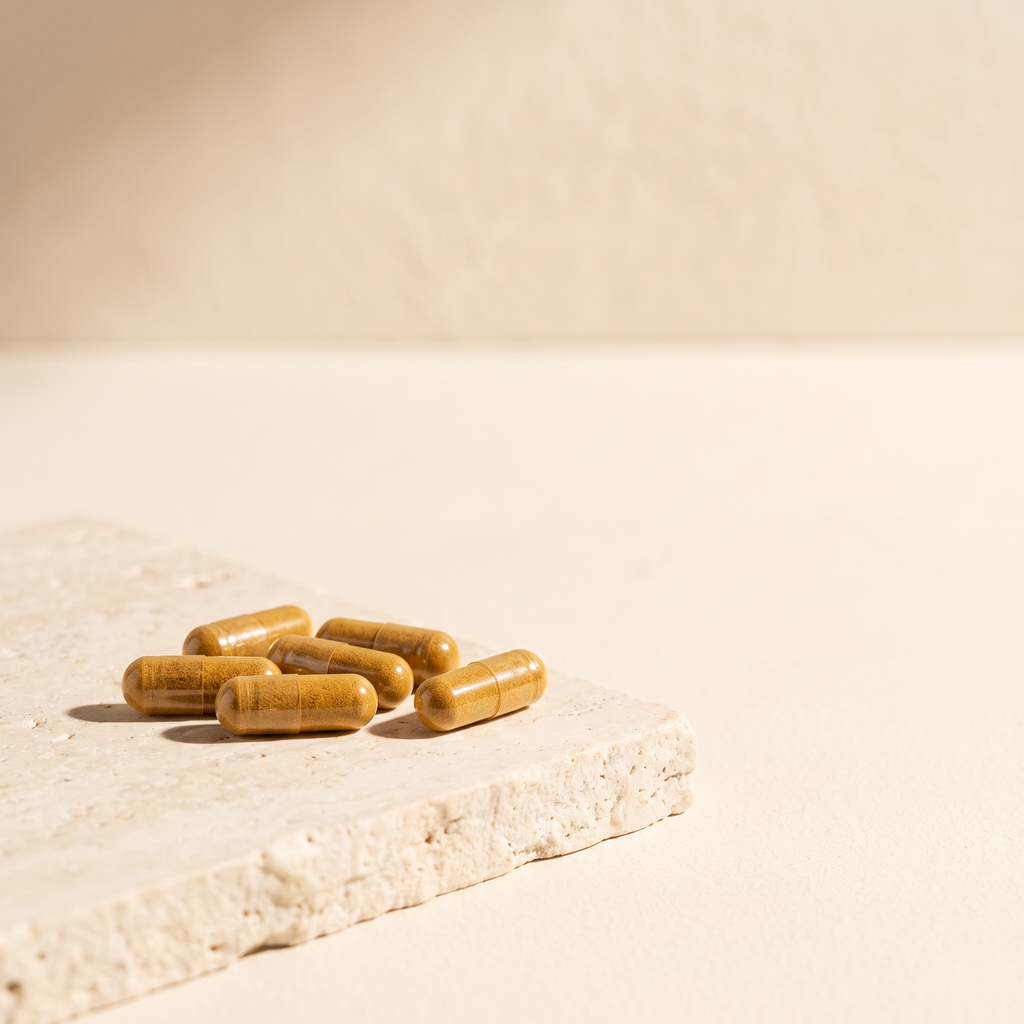 Not Tonight, Sugar amber capsules on travertine. Two capsules a day, 60 hard capsules.