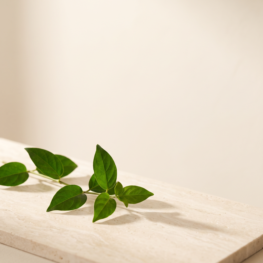 Gymnema sylvestre leaves on travertine. Gymnema leaf extract 333 mg per two capsules.