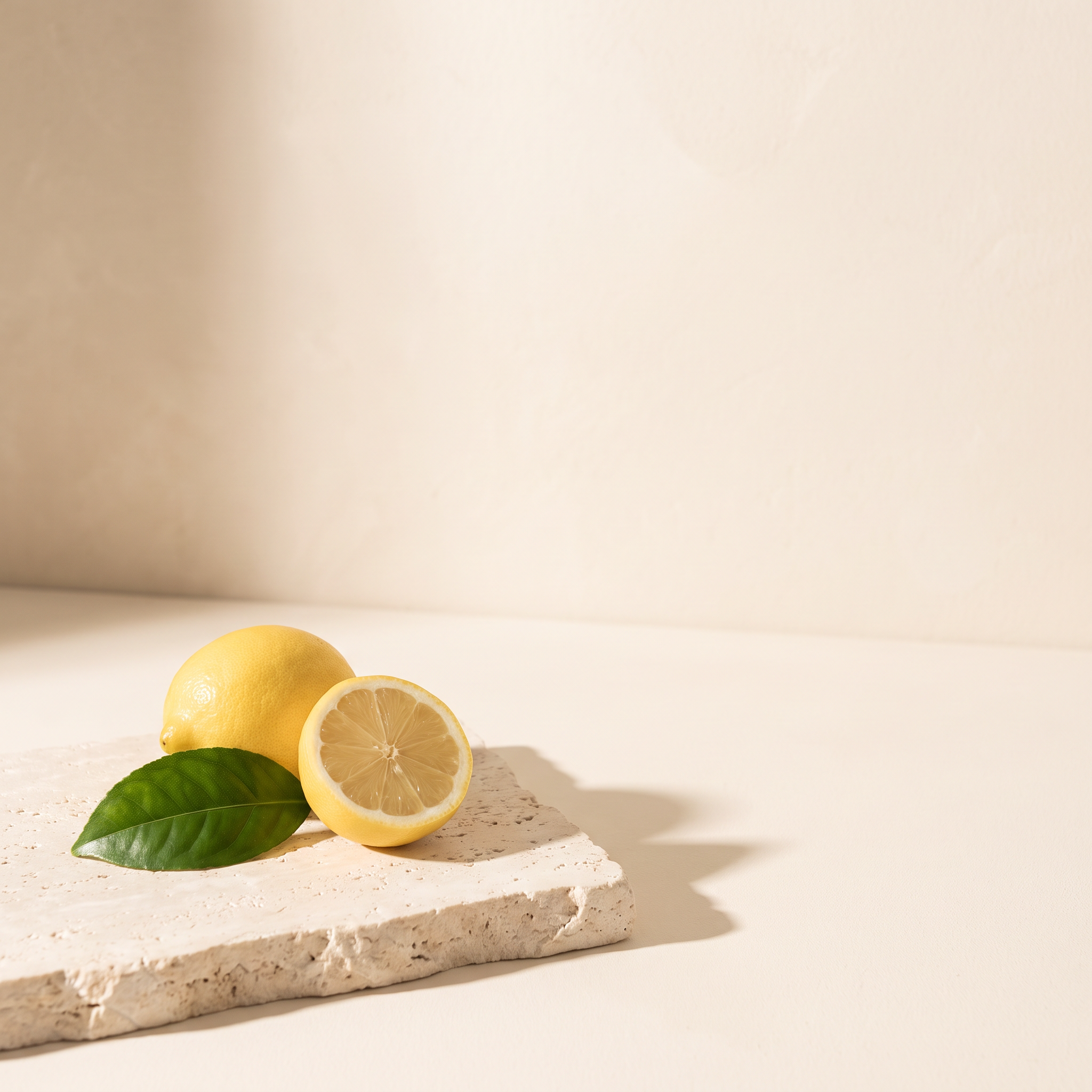 Fresh lemons on travertine. Lemon fruit extract (Eriomin) 200 mg per two capsules.