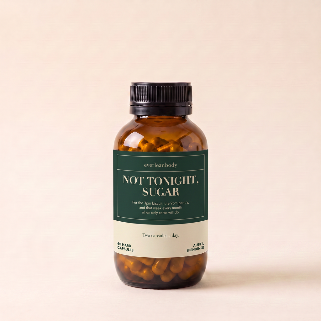Not Tonight, Sugar, 60 hard capsules, amber bottle on cream. Two capsules a day. Coming soon.