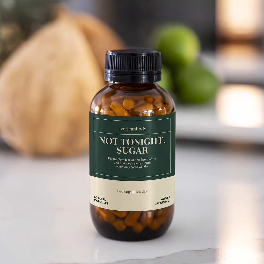 Not Tonight, Sugar capsule bottle on a marble bench. For the 3pm biscuit, the 9pm pantry, and that week every month when only carbs will do. Coming soon from EverLeanBody.